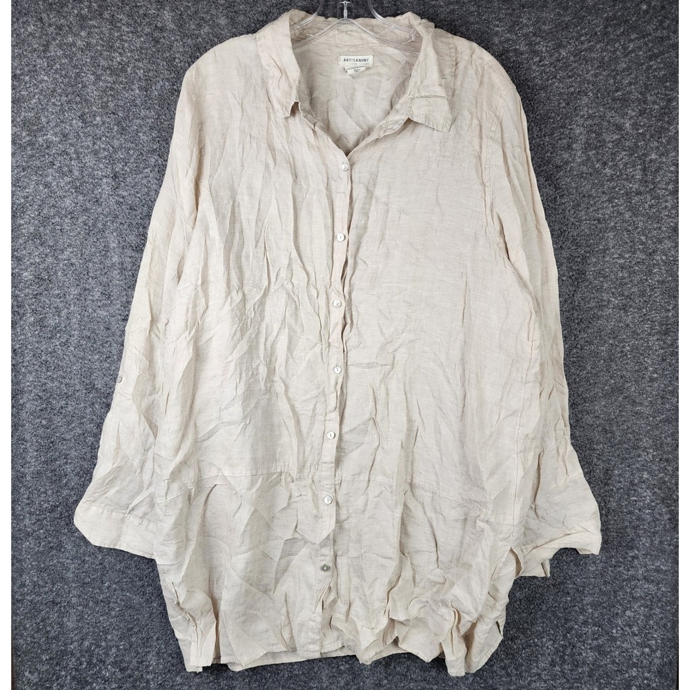 Artisan NY Button Down Women XL Beige 100% Linen Roll Tab Sleeve Tunic Shirt